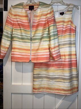 St. John Collection Coral, Green & Yellow Striped Zip Jacket & Dress Set